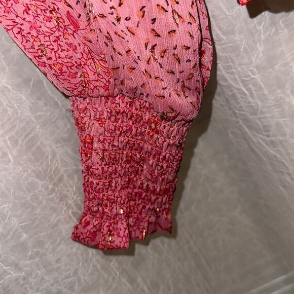 joie S Mock Neck Tie Front Long Balloon Sleeve Pink Gold Metallic Blouse - Picture 5 of 12